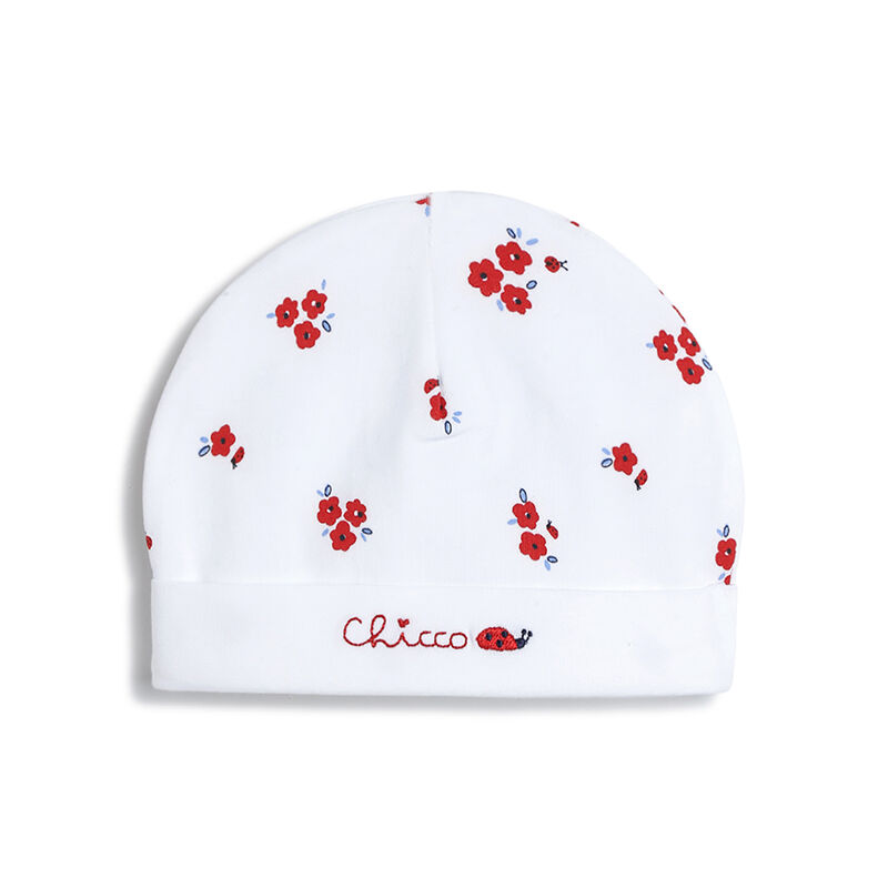 Infant Girls White and Red Floral Printed Cap image number 0